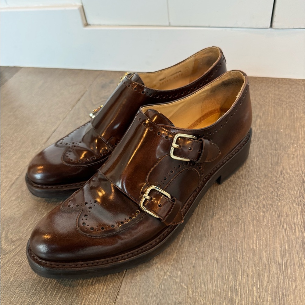 Brown Leather Loafers with Broguing and Polished Finish
